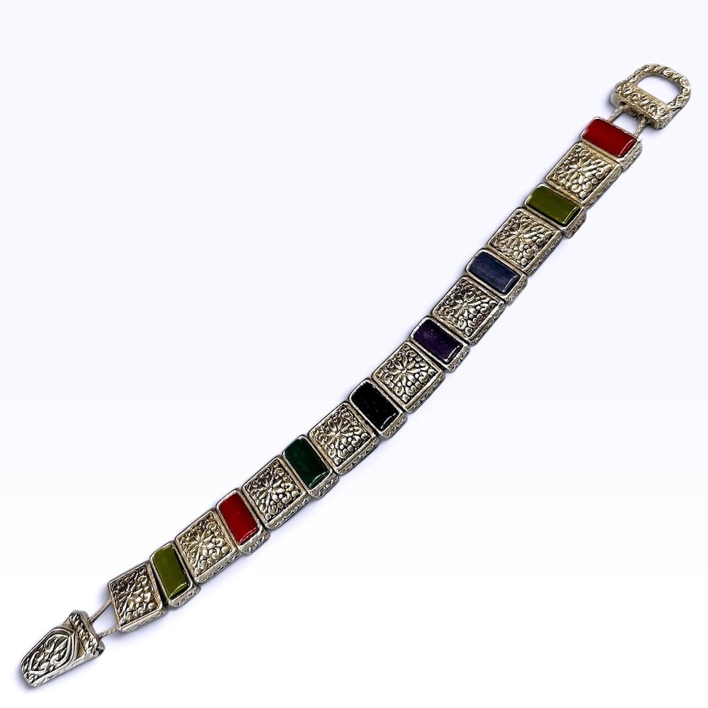 Vintage Brighton Retired Multi Color Enamel Scrollwork Silver Panel Bracelet
